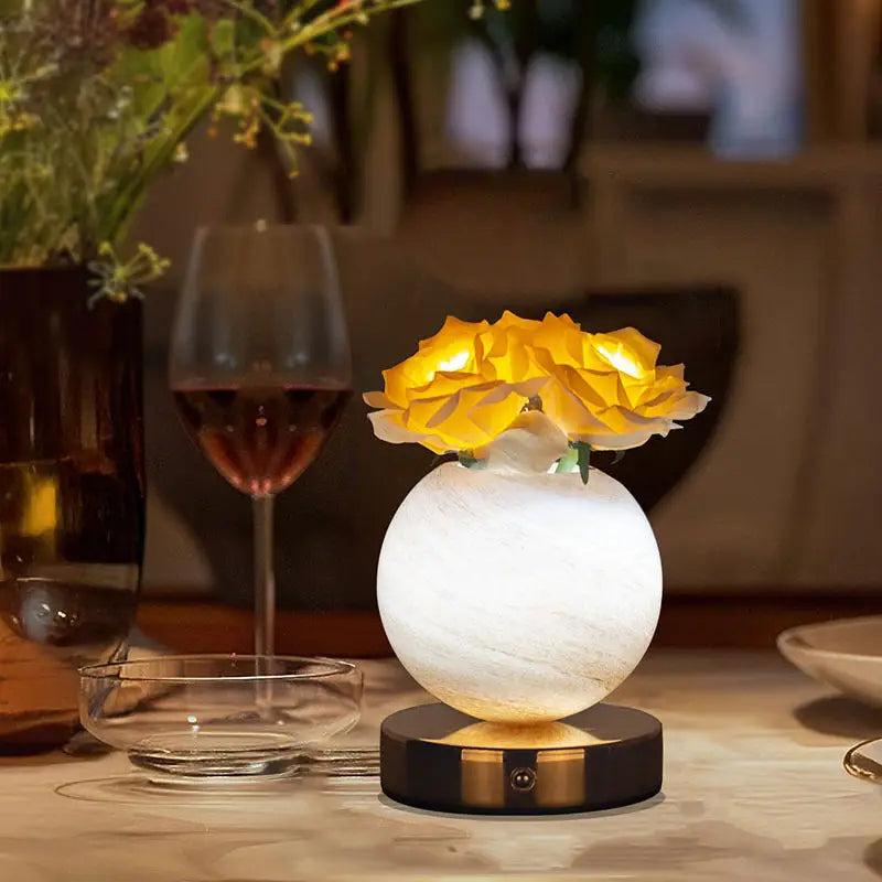Champagne Dreamy Rose Planet Lamp Night Light - Elegant 21cm USB-Charged 3-Color Touch Dimming Decor Gift - Home &