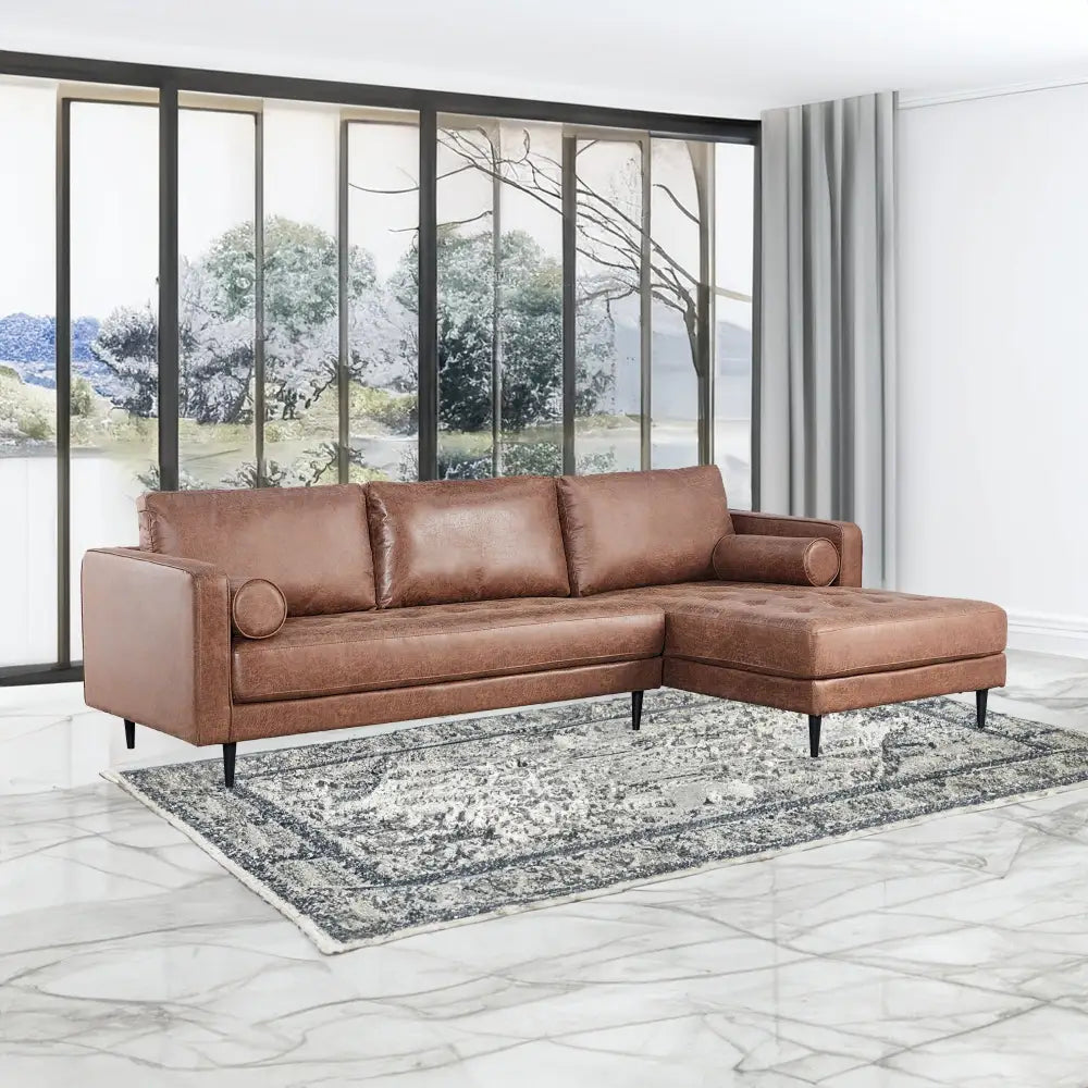 Chelsea 2 Seater Sofa Fabric Lounge Couch with RHF Chaise Dark Brown - Furniture > Sofas