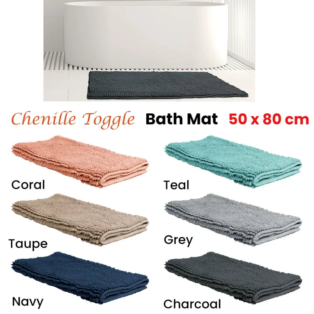 Chenille Toggle Bath Mat 50 x 80cm Charcoal - Home & Garden > Bathroom Accessories