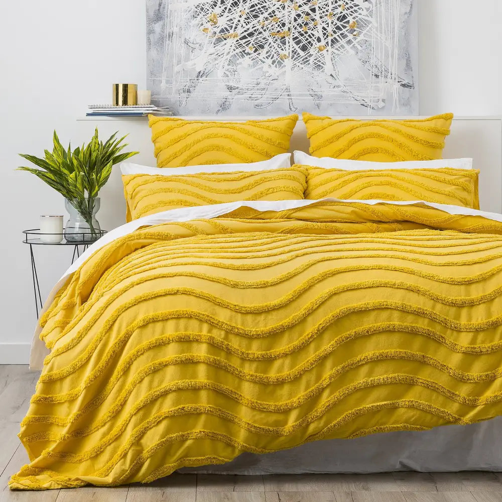 Chenille Wave 100% Cotton Vintage Washed Mustard Tufted Quilt Cover Set by Cloud Linen Queen - Home & Garden > Bedding
