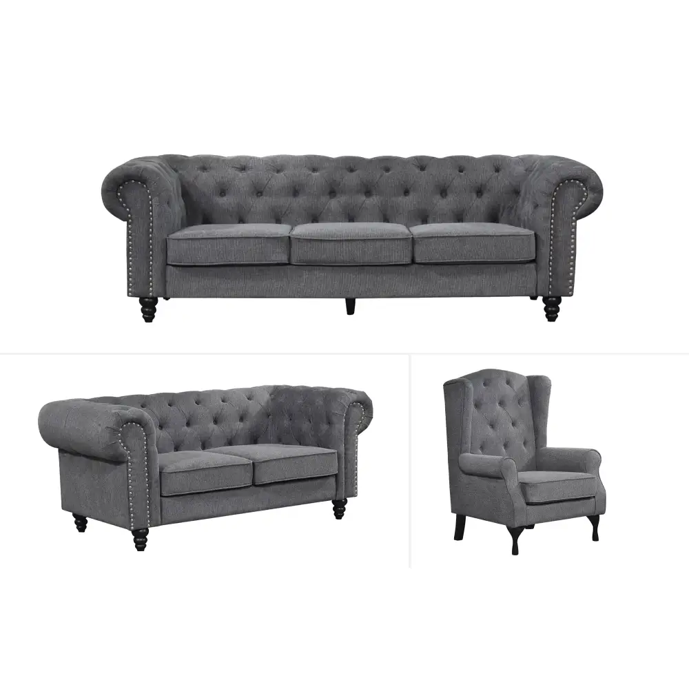 Chesterfield Tufted Lounge Set - Charcoal Grey - Furniture > Sofas > Sofas & Sofa Beds