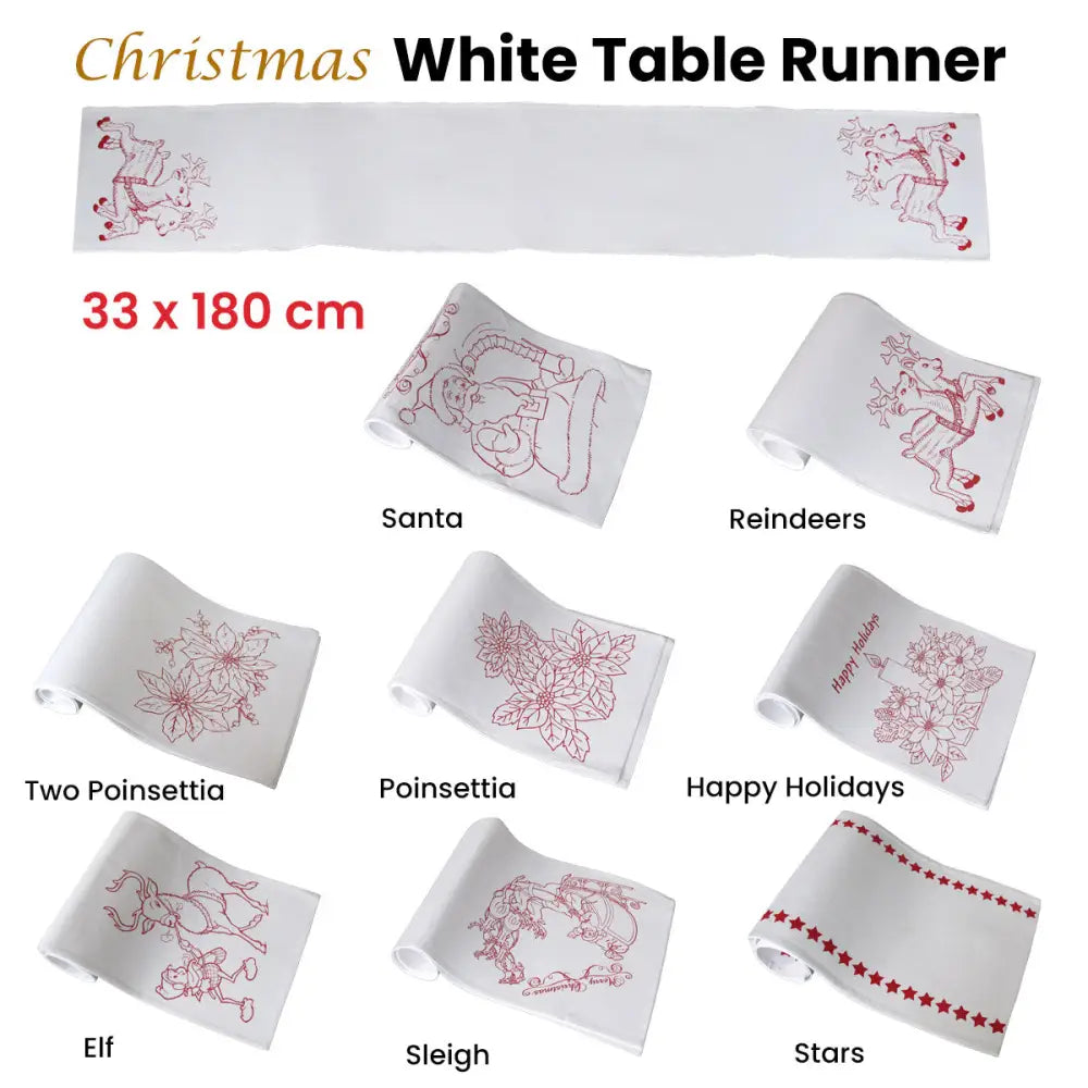 Christmas Print White Table Runner 33 x 180cm Reindeers - Home & Garden > Kitchenware