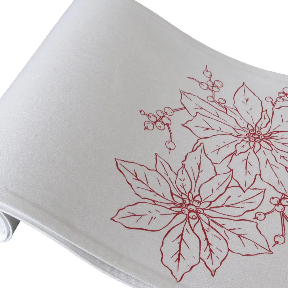 Christmas Print White Table Runner 33 x 180cm Two Poinsettia - Home & Garden > Kitchenware