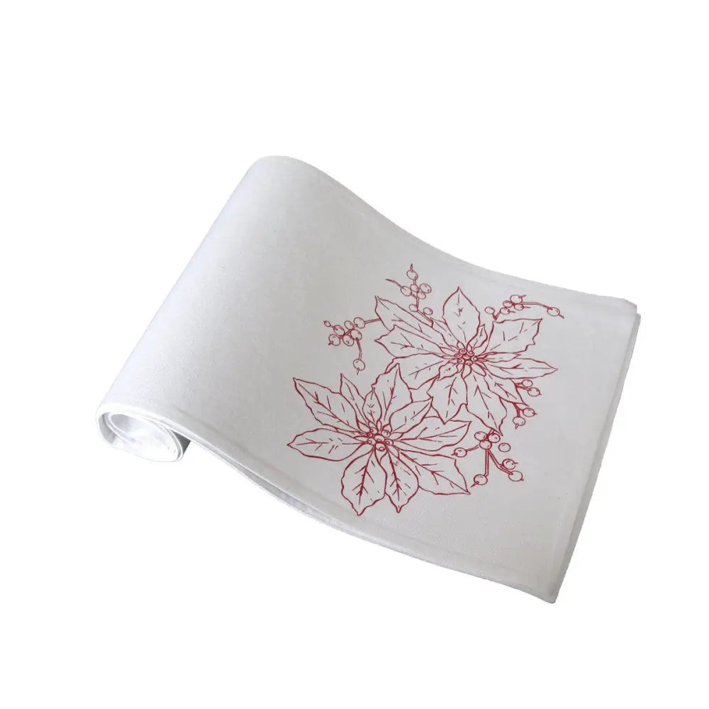 Christmas Print White Table Runner 33 x 180cm Two Poinsettia - Home & Garden > Kitchenware