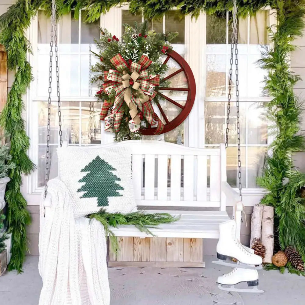 Christmas Red Wooden Wheel Wreath Front Door Hanging Garland Wall Decor(40*40cm) - Occasions > Christmas > Christmas