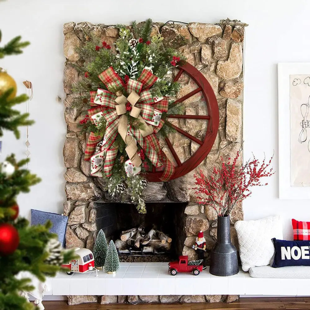 Christmas Red Wooden Wheel Wreath Front Door Hanging Garland Wall Decor(40*40cm) - Occasions > Christmas > Christmas