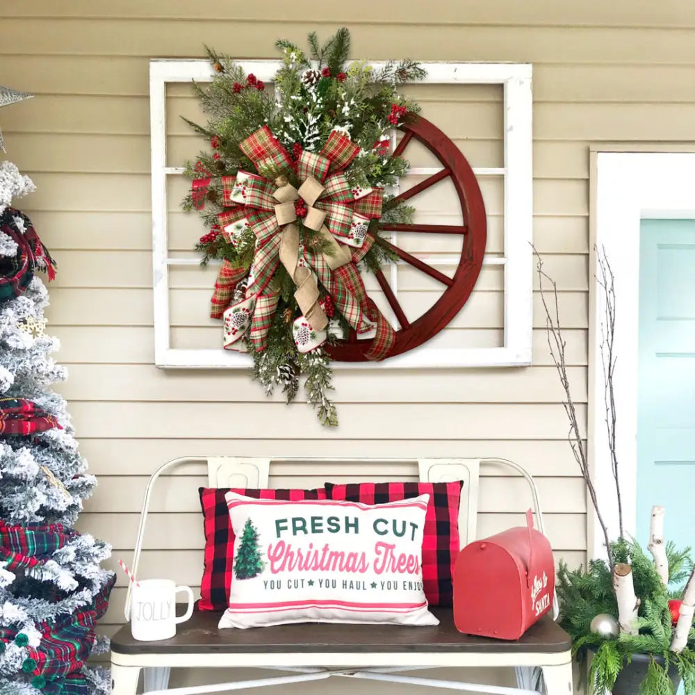 Christmas Red Wooden Wheel Wreath Front Door Hanging Garland Wall Decor(40*40cm) - Occasions > Christmas > Christmas