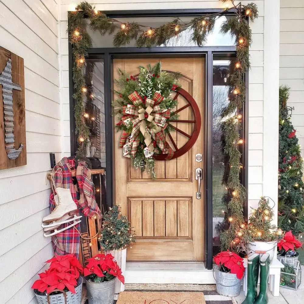Christmas Red Wooden Wheel Wreath Front Door Hanging Garland Wall Decor(30*30cm) - Occasions > Christmas > Christmas