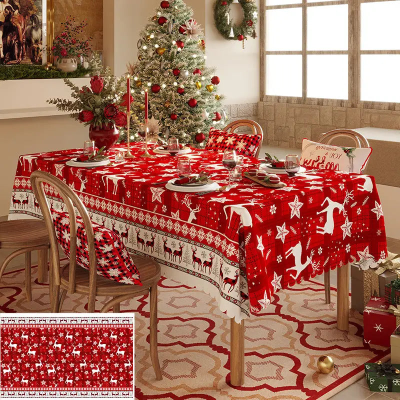 Christmas Reindeer Pattern Tablecloth - Festive Red Holiday Table Cover for Dining and Home Decor 100*140cm - Occasions