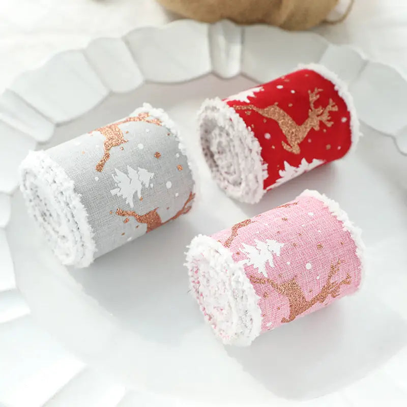 Christmas-Themed Decorative Wired Ribbon Burlap– Reindeer and Tree Print Rolled Fabric Set,Diameter 6.8 cm length 2