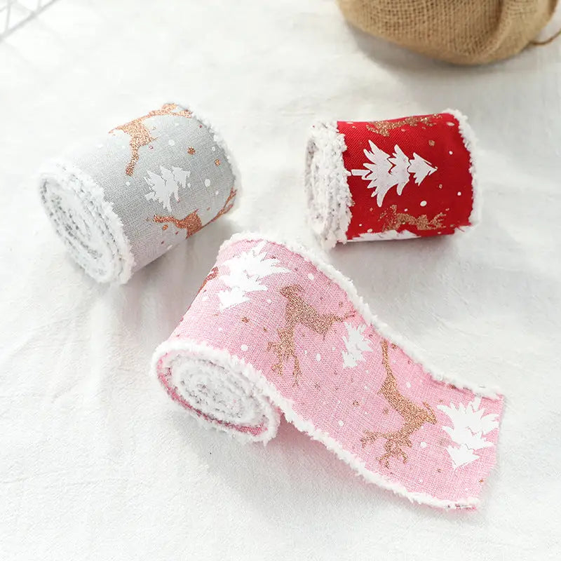 Christmas-Themed Decorative Wired Ribbon Burlap– Reindeer and Tree Print Rolled Fabric Set,Diameter 6.8 cm length 2