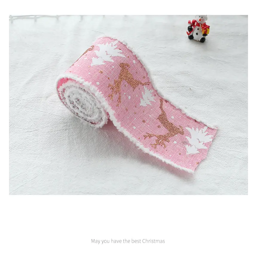 Christmas-Themed Decorative Wired Ribbon Burlap– Reindeer and Tree Print Rolled Fabric Set,Diameter 6.8 cm length 2