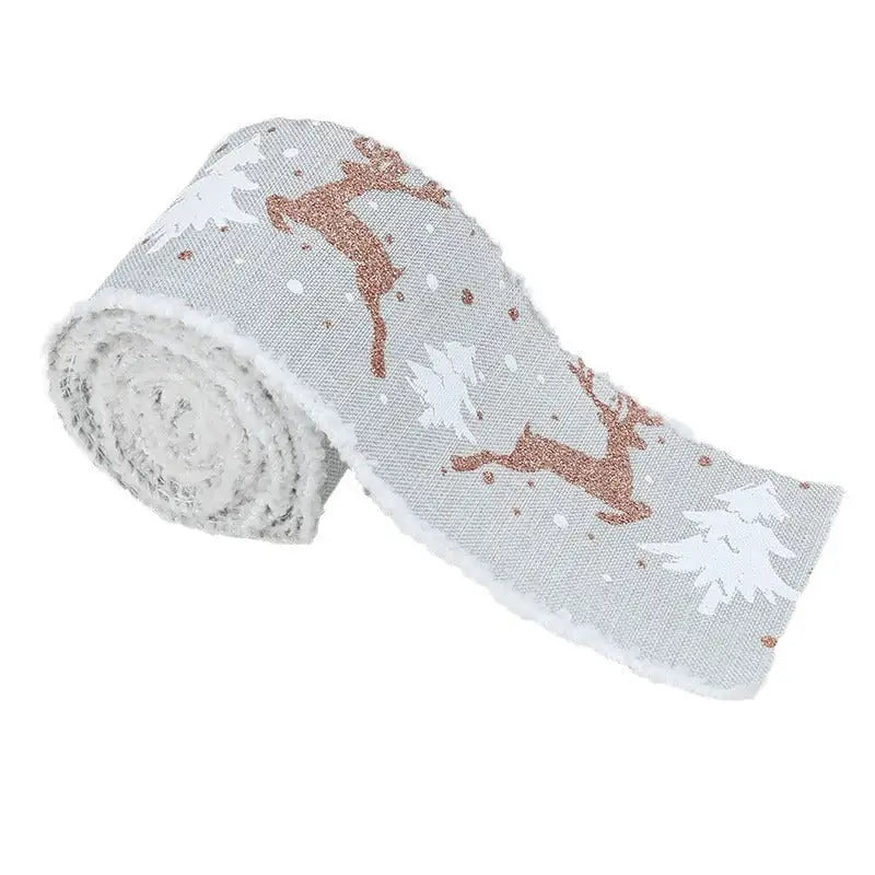 Christmas-Themed Decorative Wired Ribbon Burlap– Reindeer and Tree Print Rolled Fabric Set,Diameter 6.8 cm length 2