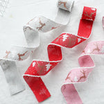 Christmas-Themed Decorative Wired Ribbon Burlap– Reindeer and Tree Print Rolled Fabric Set,Diameter 6.8 cm length 2