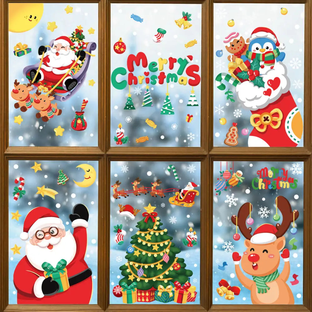 Christmas Window Stickers - Festive Santa Claus Penguin and Reindeer Decals for Holiday Home Decor - 2 Set of 16 Sheets