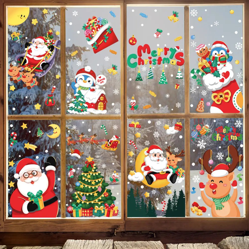 Christmas Window Stickers - Festive Santa Claus Penguin and Reindeer Decals for Holiday Home Decor - 2 Set of 16 Sheets