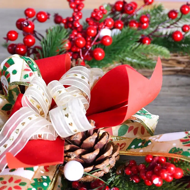 Christmas Wreath with Pine Cones Red Berries and Festive Bow - 40cm Holiday Door Decor - Occasions > Christmas >