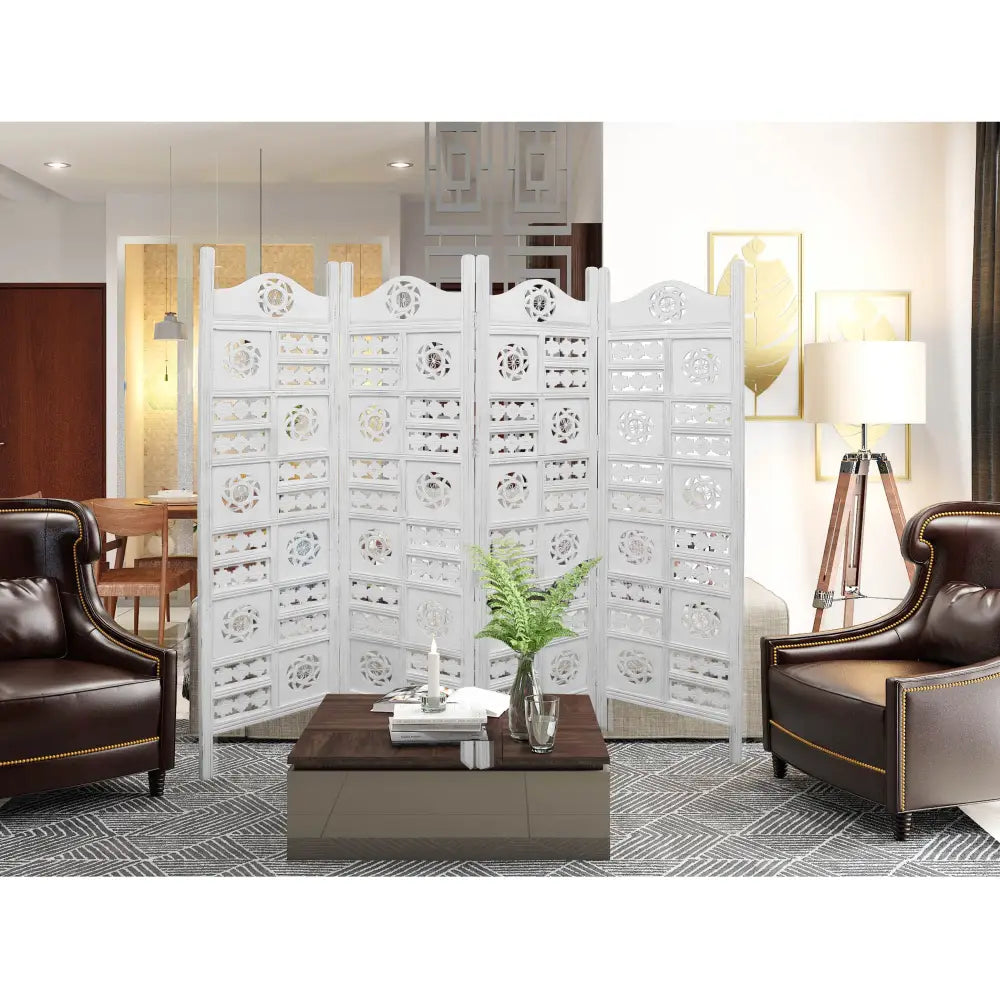 Circle Jali 4 Panel Room Divider Screen Privacy Shoji Timber Wood Stand - White - Furniture > Bedroom > Room Dividers