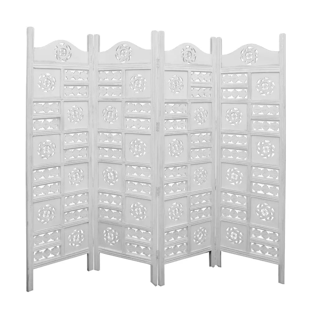 Circle Jali 4 Panel Room Divider Screen Privacy Shoji Timber Wood Stand - White - Furniture > Bedroom > Room Dividers
