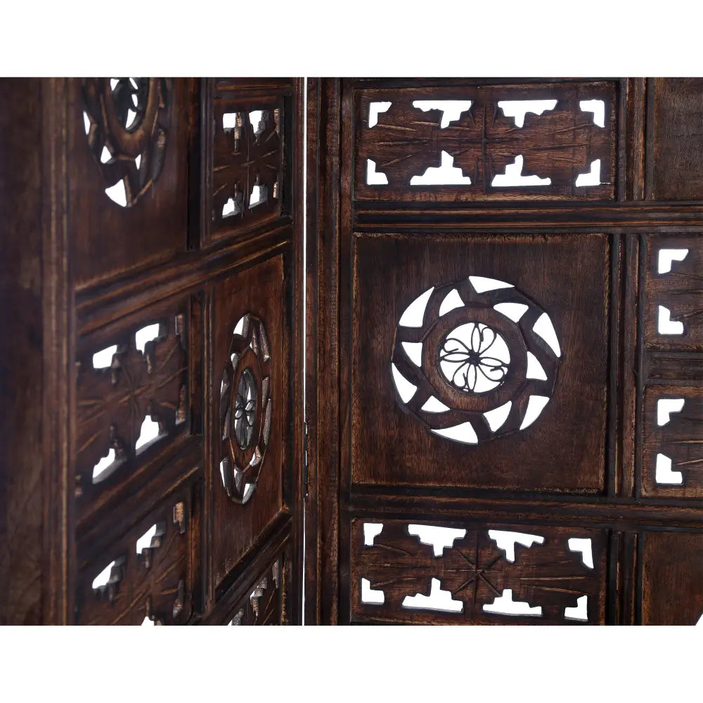 Circle Jali 4 Panel Room Divider Screen Privacy Shoji Timber Wood Stand - Burnt - Furniture > Bedroom > Room Dividers