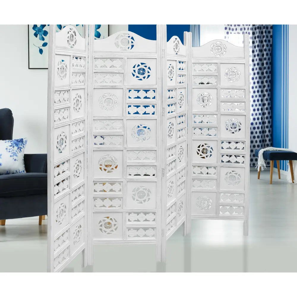 Circle Jali 4 Panel Room Divider Screen Privacy Shoji Timber Wood Stand - White - Furniture > Bedroom > Room Dividers