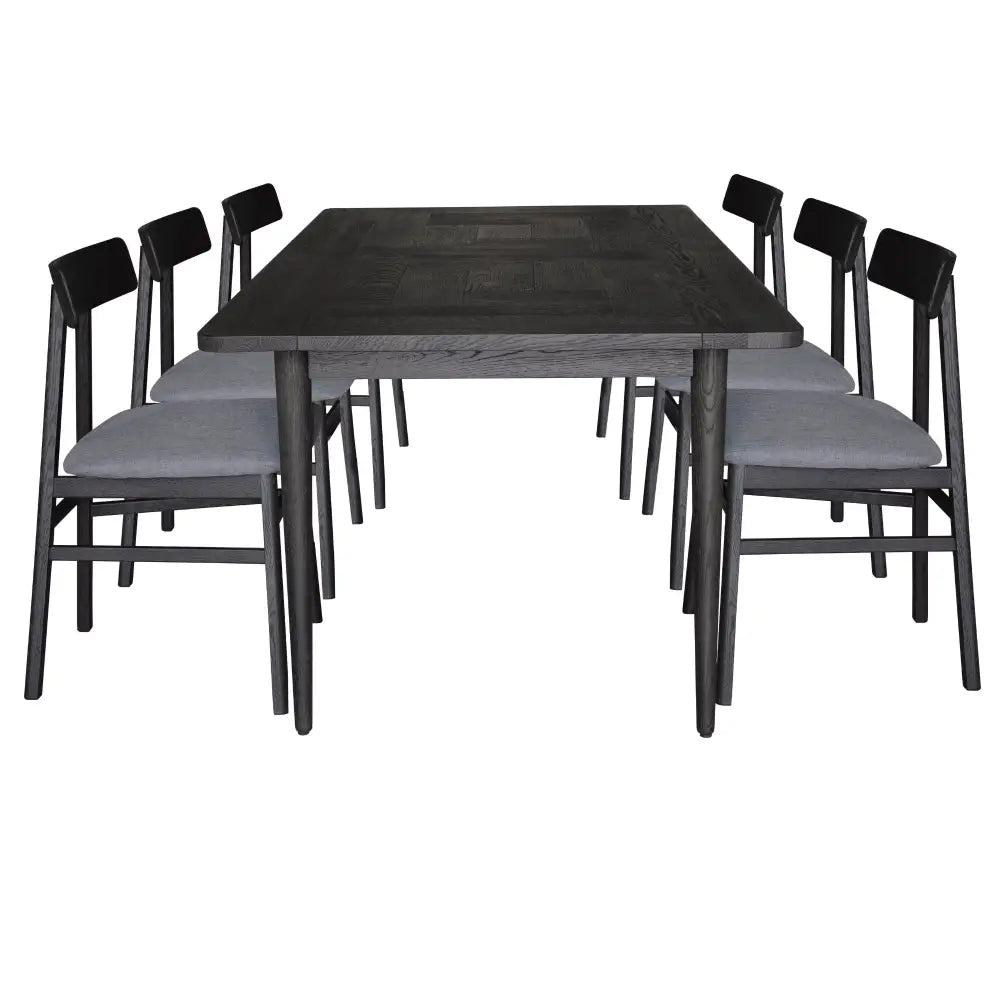 Claire 7pc Dining Set Table 180cm Solid Oak Wood Fabric Seat Chair - Black - Furniture > Dining