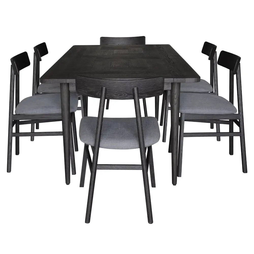 Claire 7pc Dining Set Table 180cm Solid Oak Wood Fabric Seat Chair - Black - Furniture > Dining