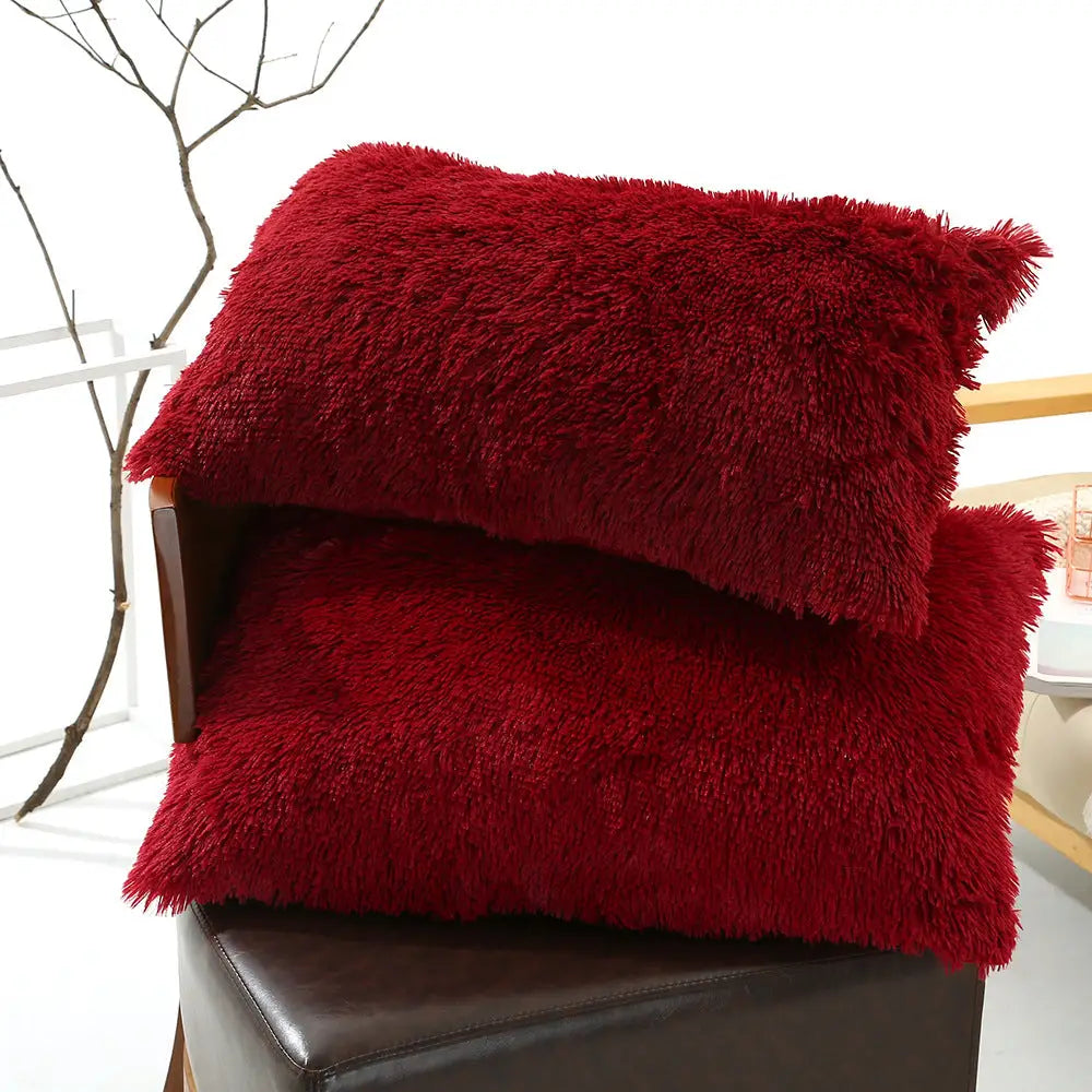 Claret Faux Fur Pillowcase Set - Crystal Velvet Plush Throw Pillow Covers Bedding Accent (50x70cm Pair) - Home & Garden