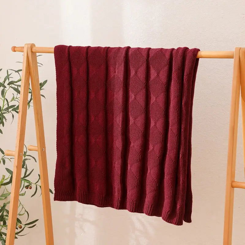 Claret Red Cozy Lightweight Acrylic Knit Throw Blanket - Diamond Waffle Texture for Sofa Bed & Travel - Home & Garden >
