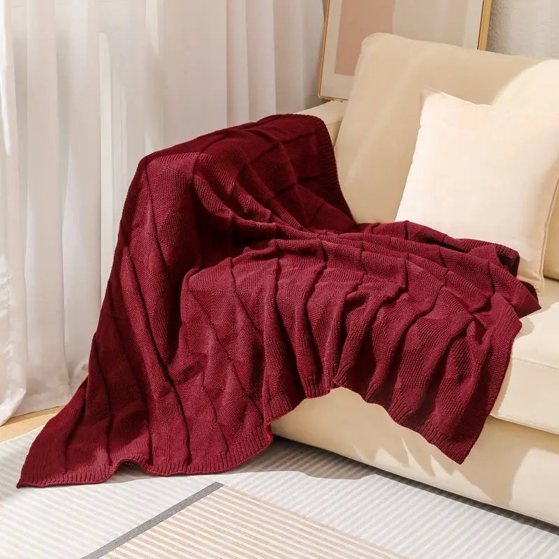 Claret Red Cozy Lightweight Acrylic Knit Throw Blanket - Diamond Waffle Texture for Sofa Bed & Travel - Home & Garden >