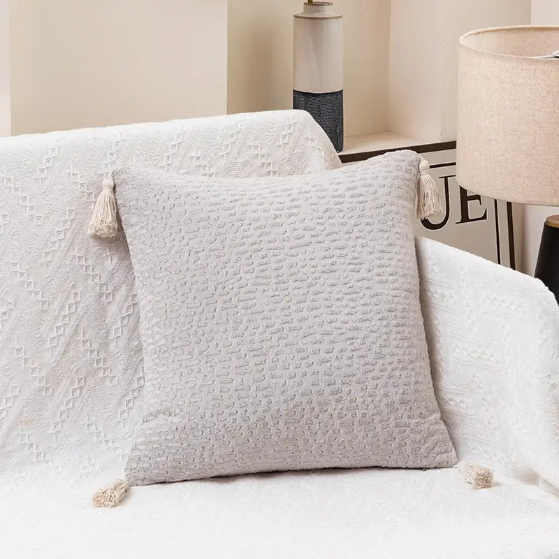 Classic White Set of 2 Textured Velvet Throw Pillow Covers with Tassels - Decorative Square Cushions 45*45cm - Home &