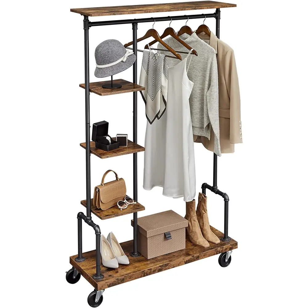 Clothing Garment Rack on Wheels with 5-Tier Industrial Pipe Style Rustic Brown - Furniture > Living Room