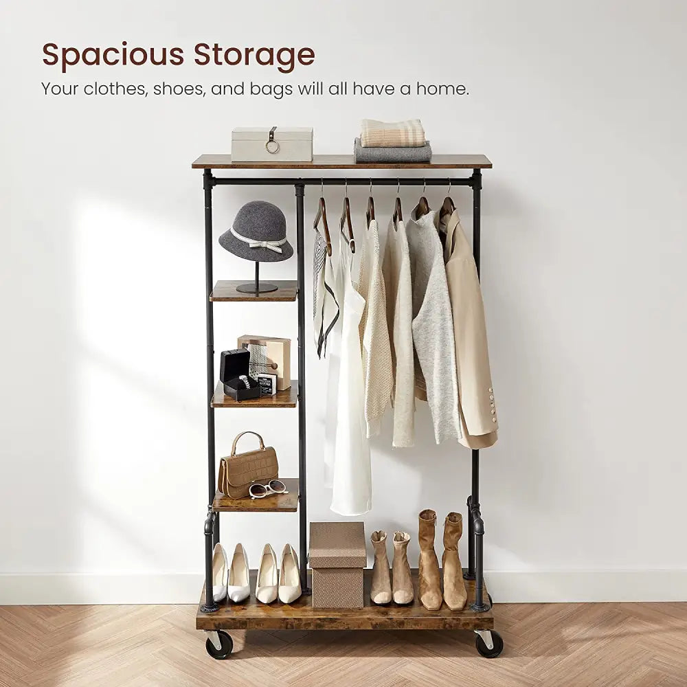 Clothing Garment Rack on Wheels with 5-Tier Industrial Pipe Style Rustic Brown - Furniture > Living Room