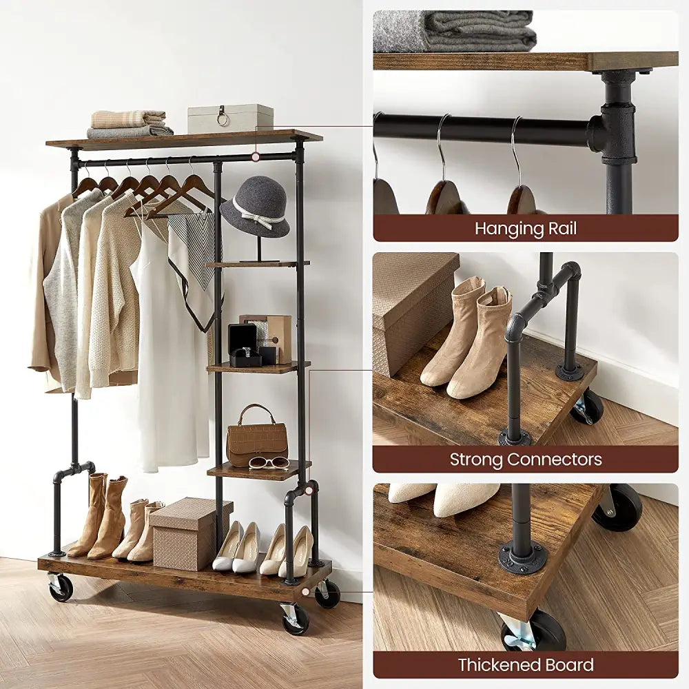 Clothing Garment Rack on Wheels with 5-Tier Industrial Pipe Style Rustic Brown - Furniture > Living Room