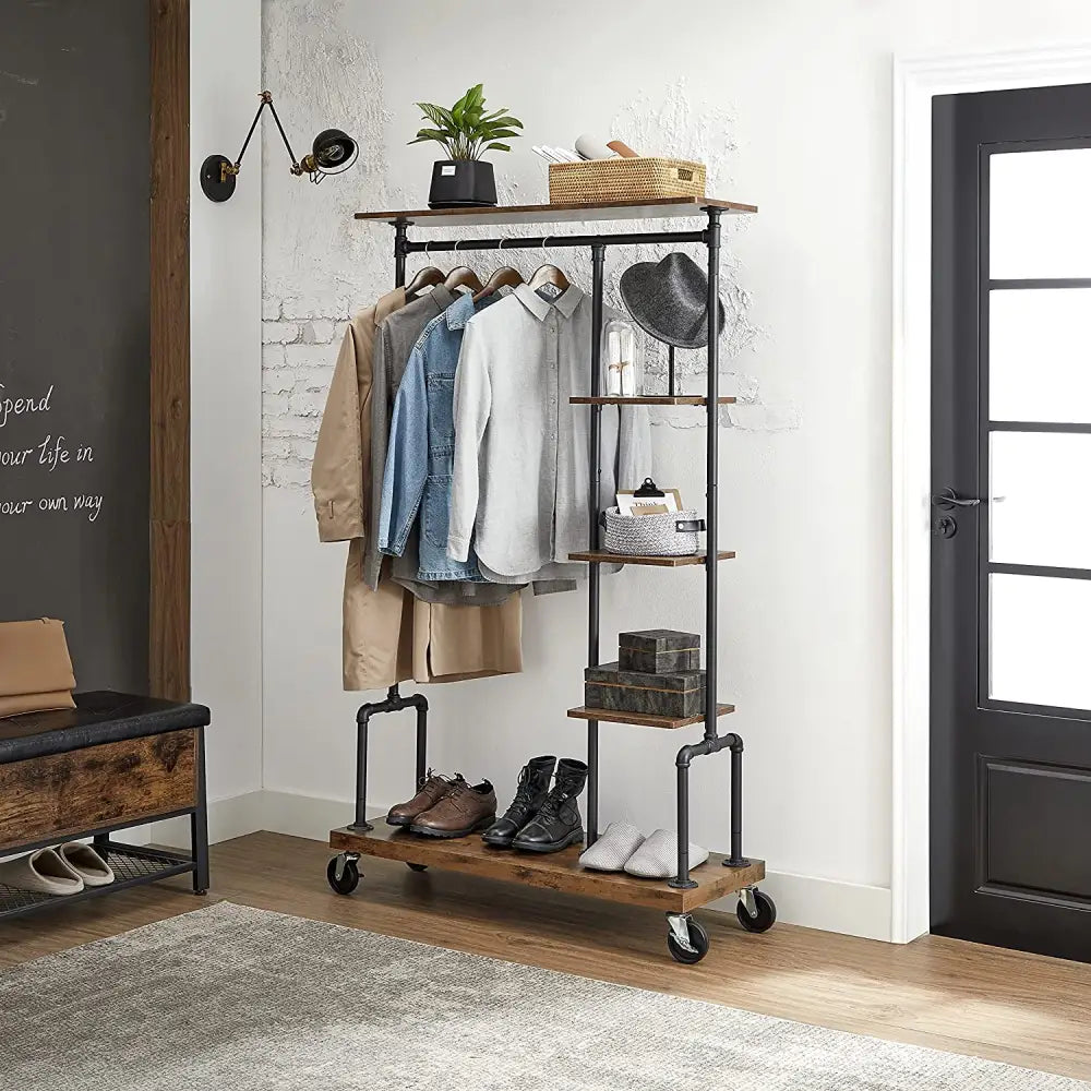 Clothing Garment Rack on Wheels with 5-Tier Industrial Pipe Style Rustic Brown - Furniture > Living Room