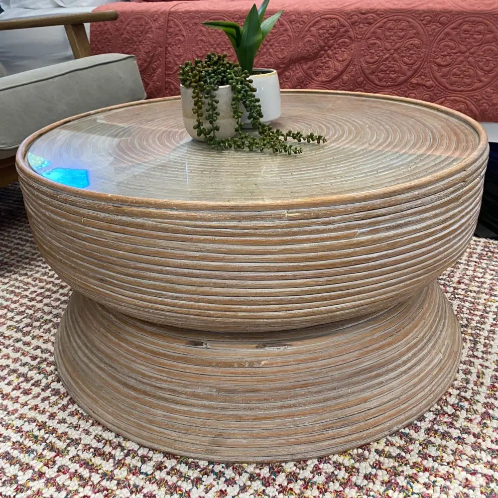Clover Rattan Round Coffee Table 80cm with Glass Top - Whitewash - Furniture > Living Room