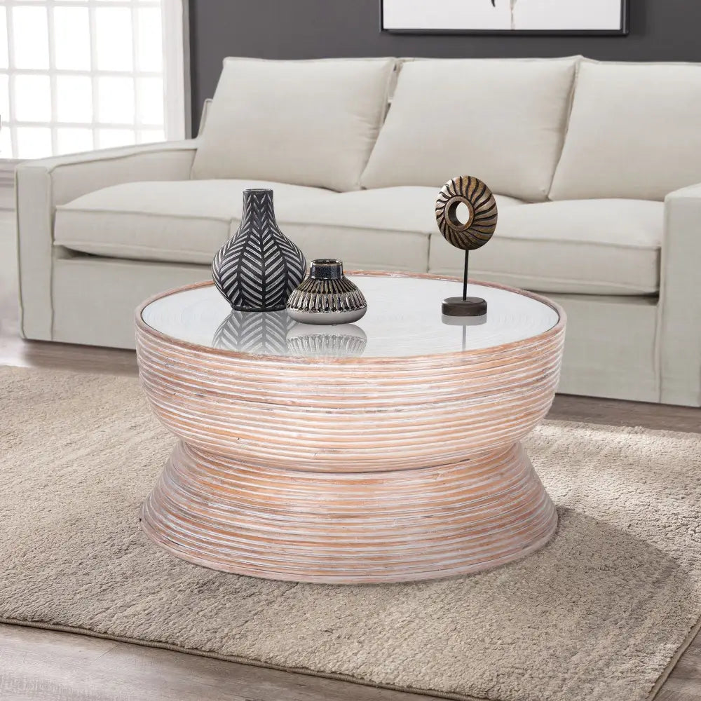 Clover Rattan Round Coffee Table 80cm with Glass Top - Whitewash - Furniture > Living Room