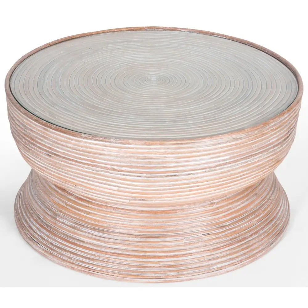 Clover Rattan Round Coffee Table 80cm with Glass Top - Whitewash - Furniture > Living Room