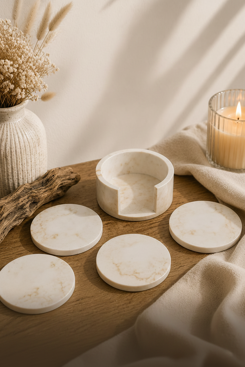 A set of round off-white marble coasters and a matching marble cup or candle holder arranged on a wooden surface with a draped cream cloth, dried flowers in a vase, and a lit candle in the background.