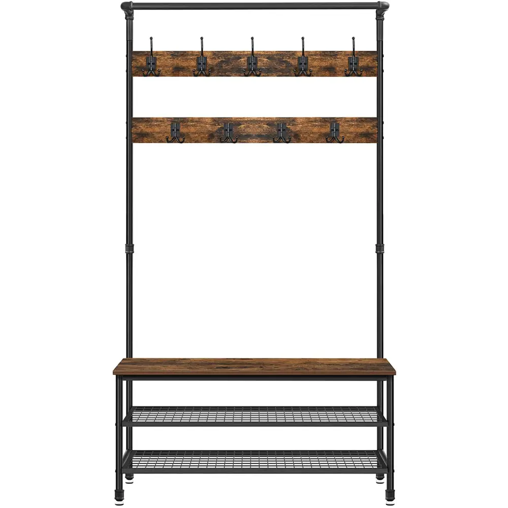 Coat Rack Stand with 9 Hooks and Shoe Rack with Industrial Style Sturdy Steel Frame - Furniture > Living Room