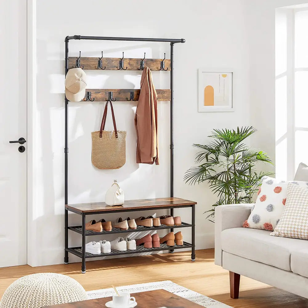 Coat Rack Stand with 9 Hooks and Shoe Rack with Industrial Style Sturdy Steel Frame - Furniture > Living Room