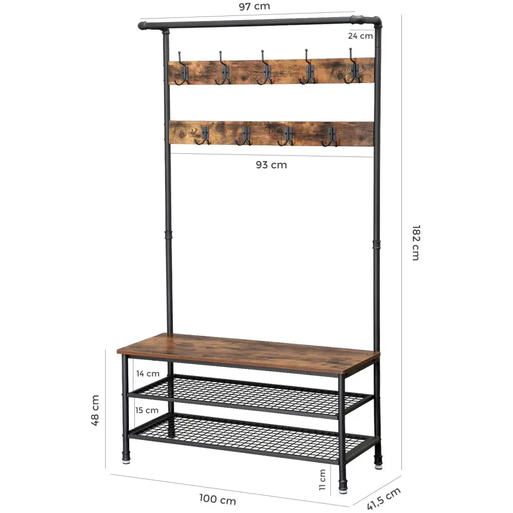 Coat Rack Stand with 9 Hooks and Shoe Rack with Industrial Style Sturdy Steel Frame - Furniture > Living Room