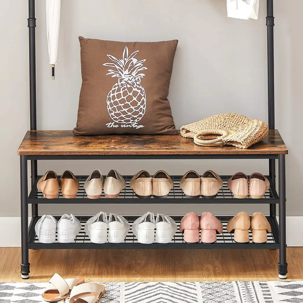 Coat Rack Stand with 9 Hooks and Shoe Rack with Industrial Style Sturdy Steel Frame - Furniture > Living Room