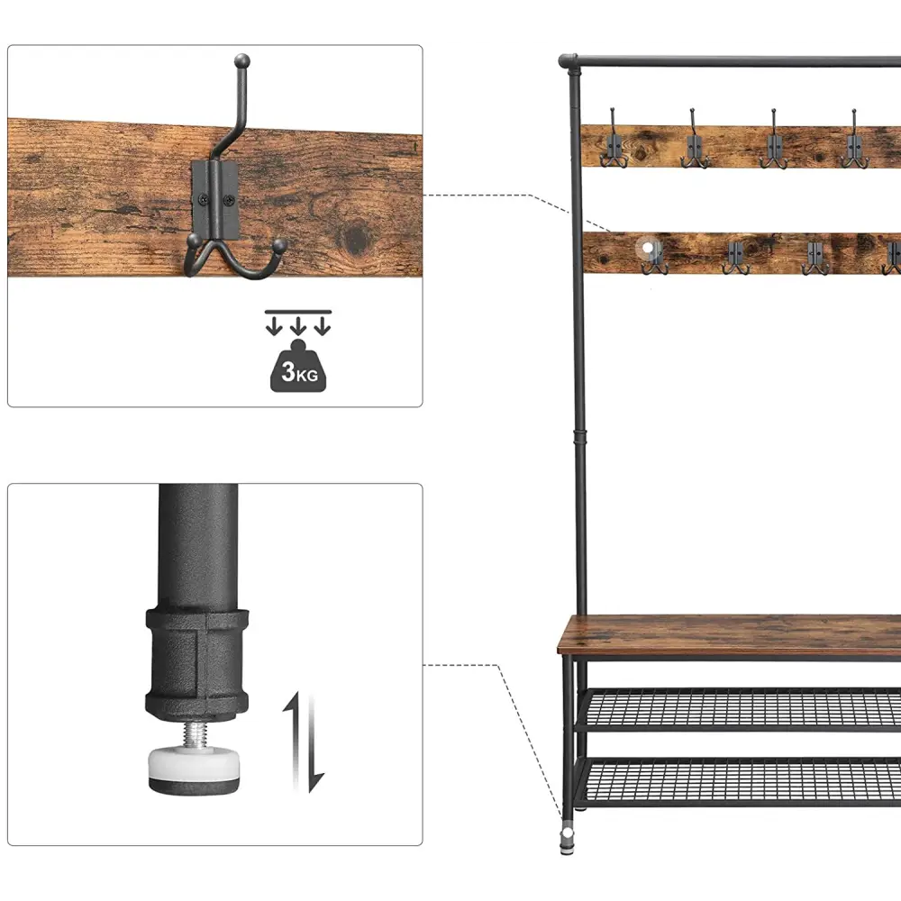 Coat Rack Stand with 9 Hooks and Shoe Rack with Industrial Style Sturdy Steel Frame - Furniture > Living Room