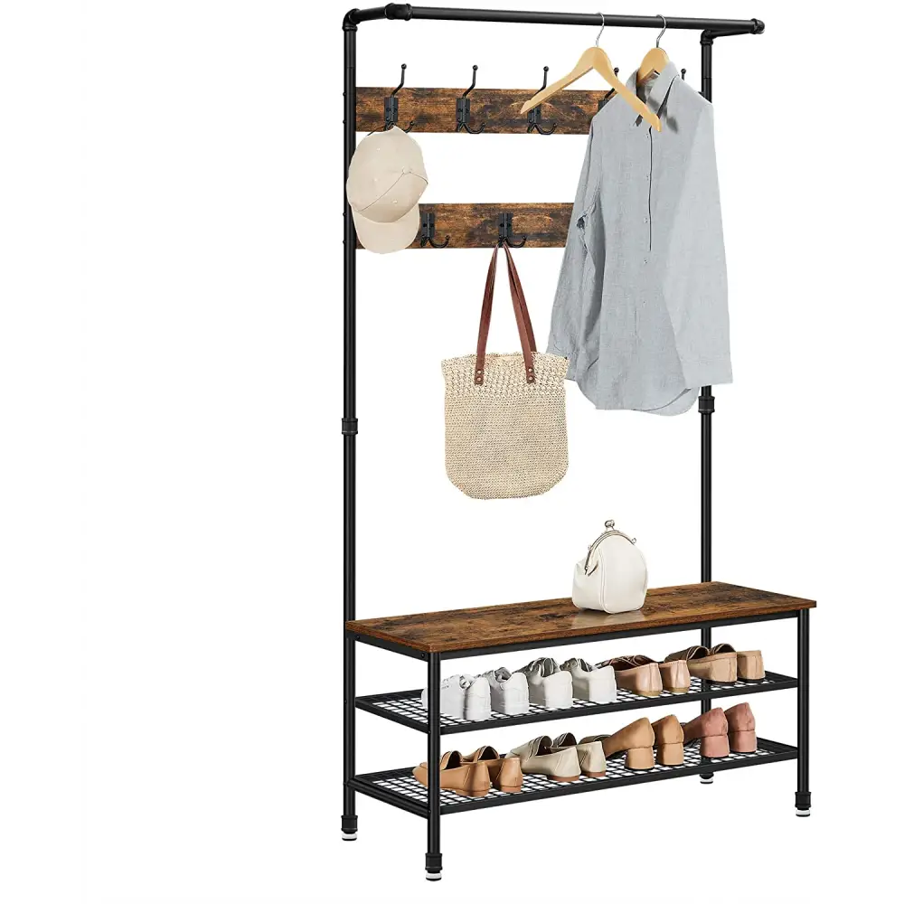 Coat Rack Stand with 9 Hooks and Shoe Rack with Industrial Style Sturdy Steel Frame - Furniture > Living Room