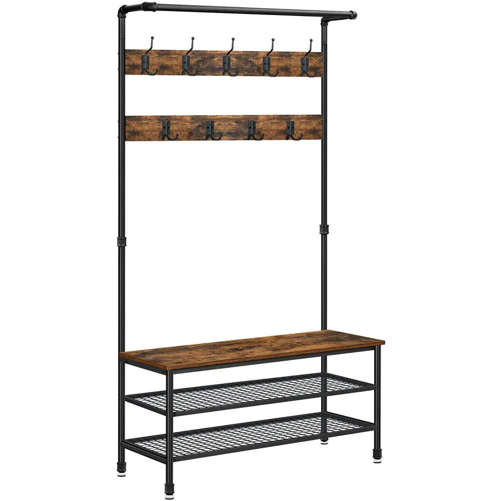 Coat Rack Stand with 9 Hooks and Shoe Rack with Industrial Style Sturdy Steel Frame - Furniture > Living Room