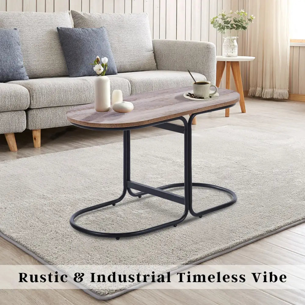 Coffee Table Oval Wooden Top Iron Metal Base Side End Table - Brown - Furniture > Living Room > Coffee Tables