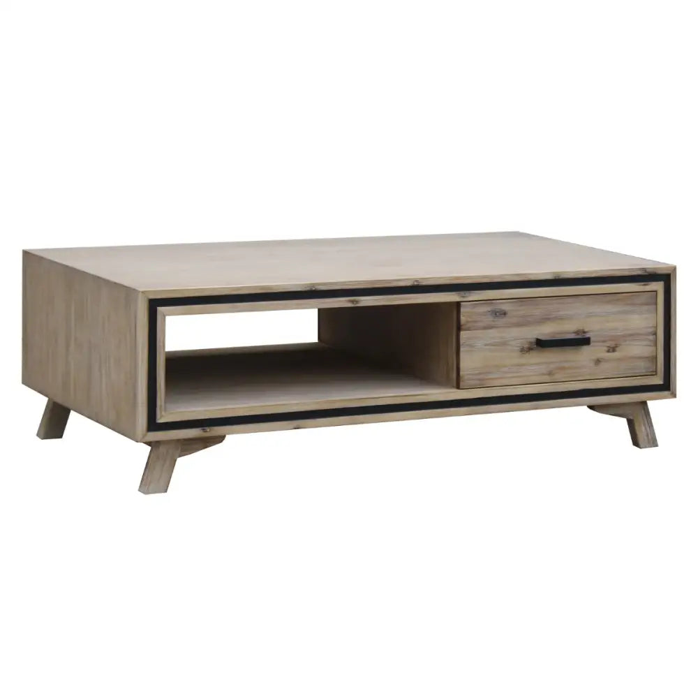 Coffee Table Solid Wood Acacia & Veneer Frame 2 Drawers Storage Sliver Brush Colour - Furniture > Living Room