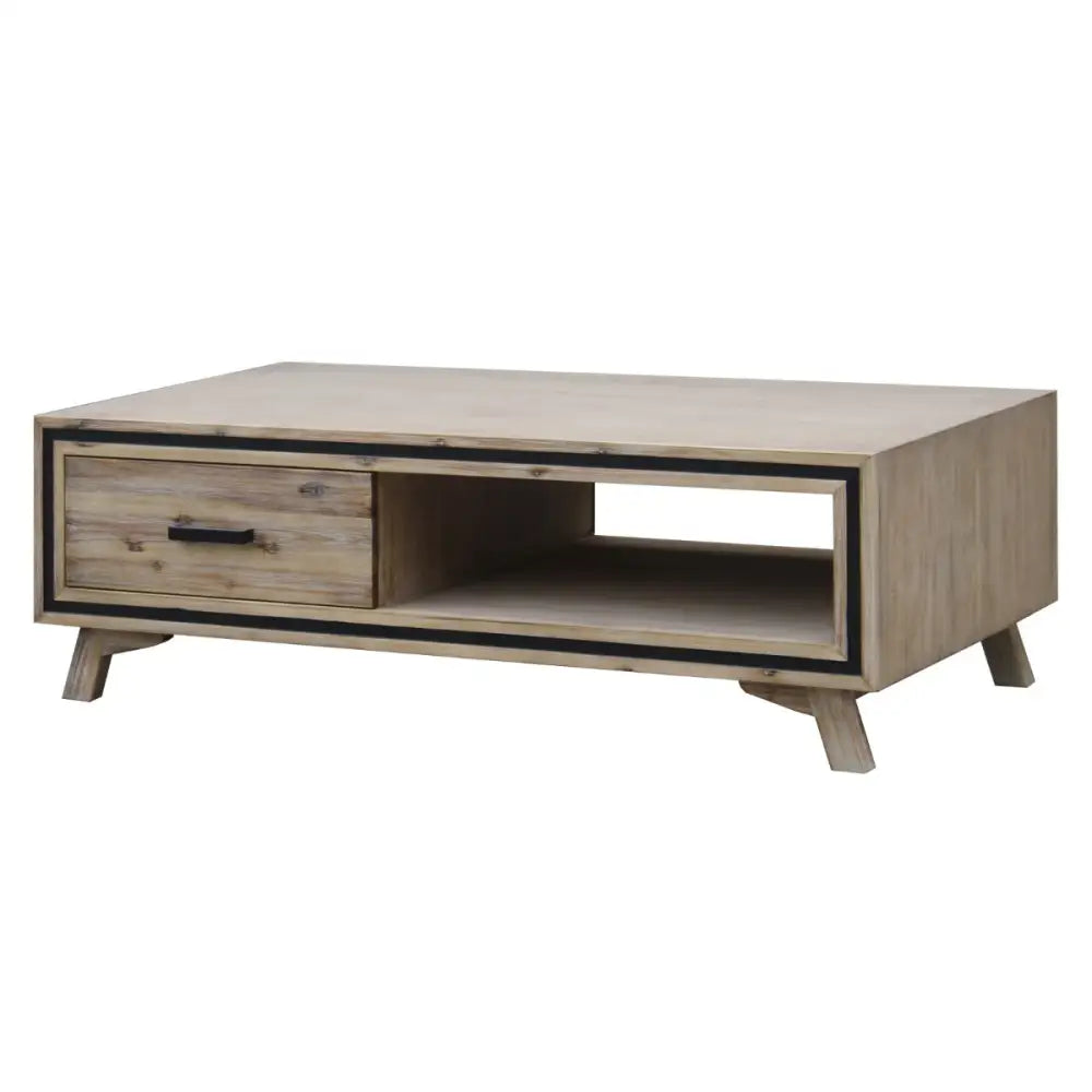 Coffee Table Solid Wood Acacia & Veneer Frame 2 Drawers Storage Sliver Brush Colour - Furniture > Living Room