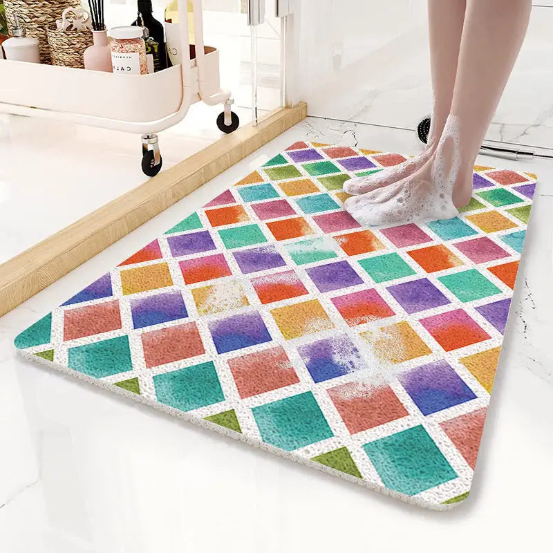 Colorful Diamond Pattern PVC Non-Slip Bath Mat 45x75cm - Shower Drain Hole Design Soft & Quick-Dry Bathroom Rug - Home